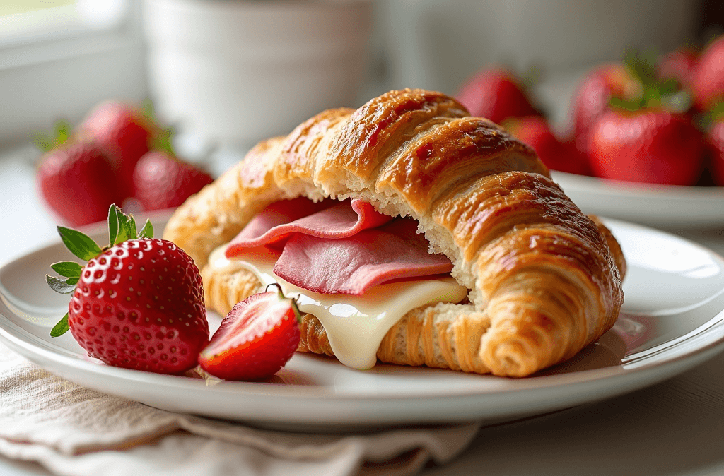 Ham and Cheese Croissants with Strawberry Garnish