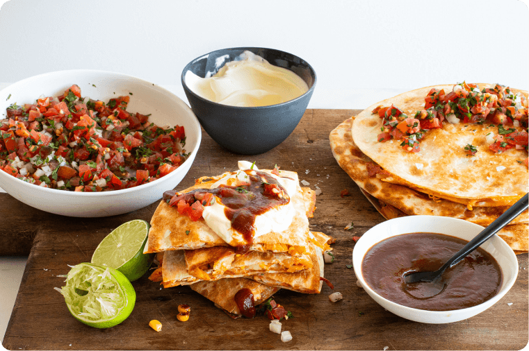 Chicken & Corn Quesadillas with Pico De Gallo & Mutti Smoky Barbecue Sauce
